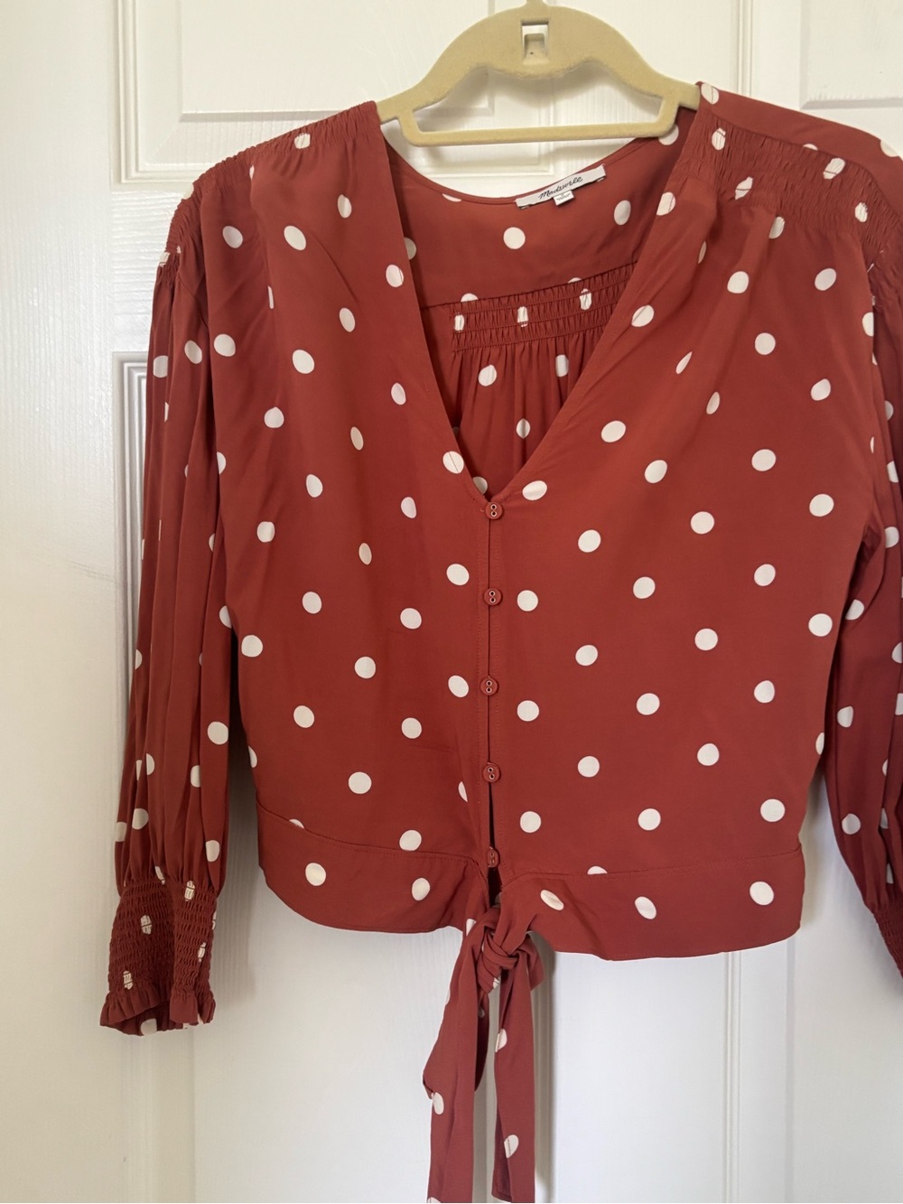 Madewell Rust Red and White Polka Dot Tie-Front Blouse